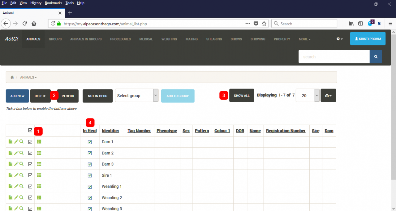 Animals list with activated buttons How to Add Animals to Groups
